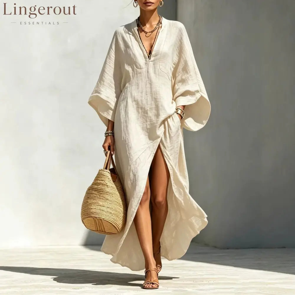 Linen‑Blend V‑Neck Kaftan Maxi Dress