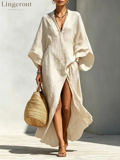 Linen‑Blend V‑Neck Kaftan Maxi Dress - apricot / S