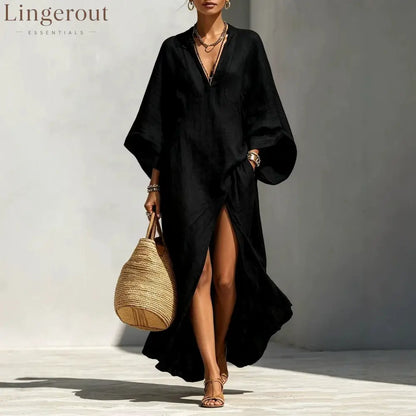 Linen‑Blend V‑Neck Kaftan Maxi Dress - black / S