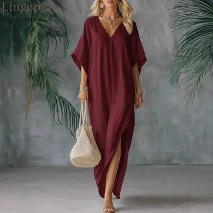 Linen Blend V-Neck Kaftan Maxi Dress - Burgundy / S