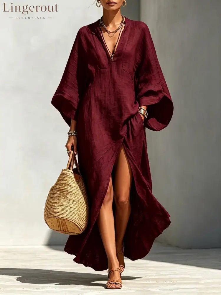 Linen‑Blend V‑Neck Kaftan Maxi Dress - deep‑red / S