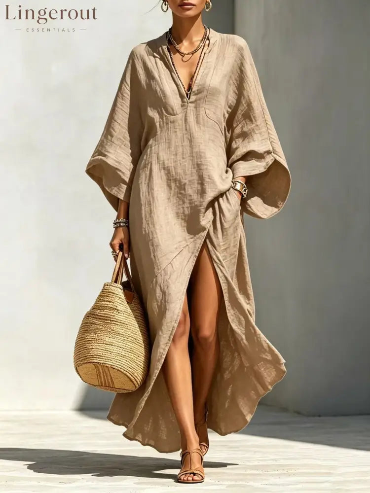 Linen‑Blend V‑Neck Kaftan Maxi Dress - khaki / S