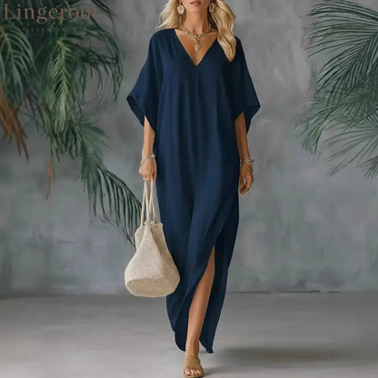Linen Blend V-Neck Kaftan Maxi Dress - Navy blue / S