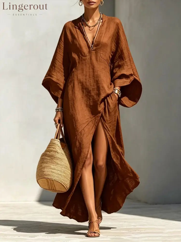 Linen‑Blend V‑Neck Kaftan Maxi Dress - orange / S