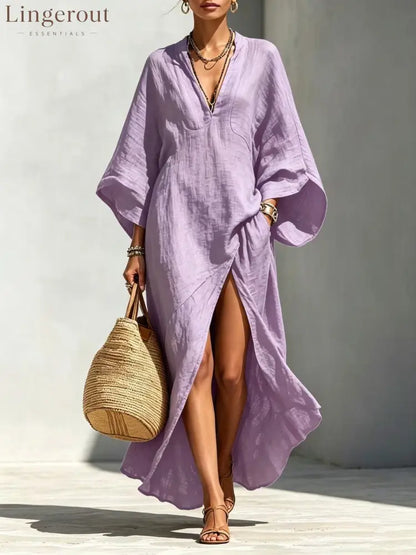 Linen‑Blend V‑Neck Kaftan Maxi Dress - purple / S
