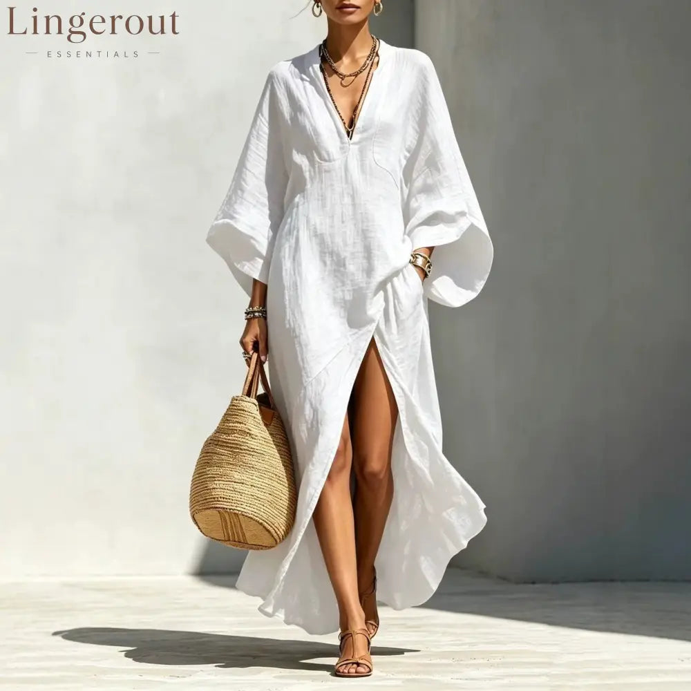 Linen‑Blend V‑Neck Kaftan Maxi Dress - white / S