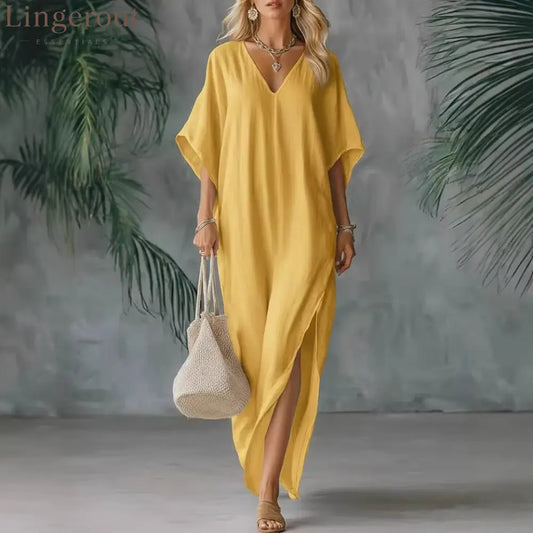Linen Blend V-Neck Kaftan Maxi Dress - Yellow / S