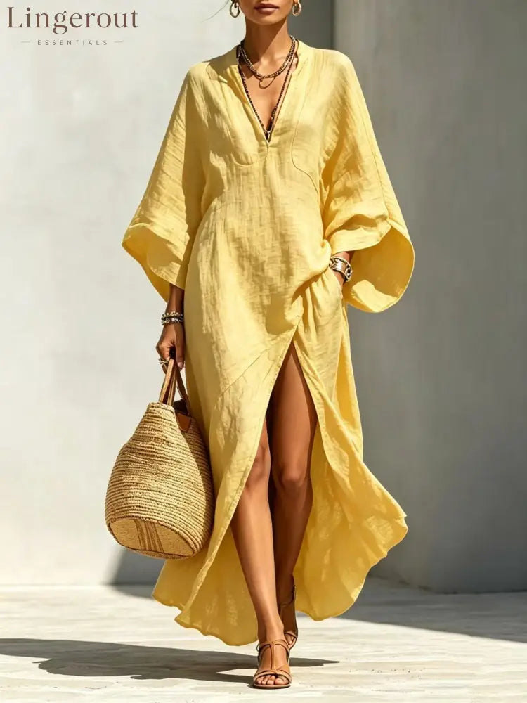 Linen‑Blend V‑Neck Kaftan Maxi Dress - yellow / S