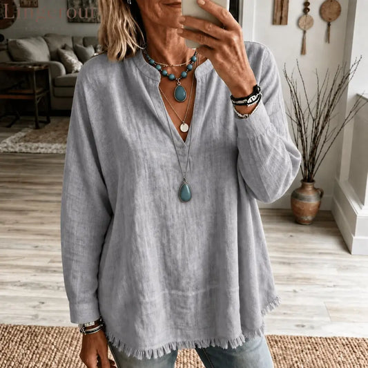Linen Blend V‑Notch Stand Collar Fringe Hem Blouse - Grey / S