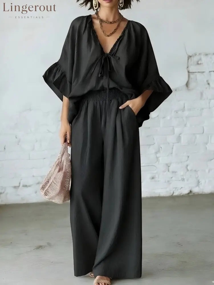 Linen Blend Vacation Two Piece Matching Set - Black / S