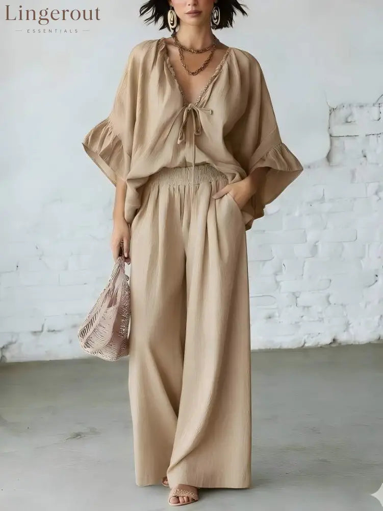 Linen Blend Vacation Two Piece Matching Set - Khaki / S