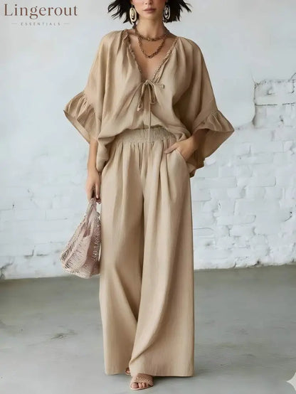 Linen Blend Vacation Two Piece Matching Set - Khaki / S