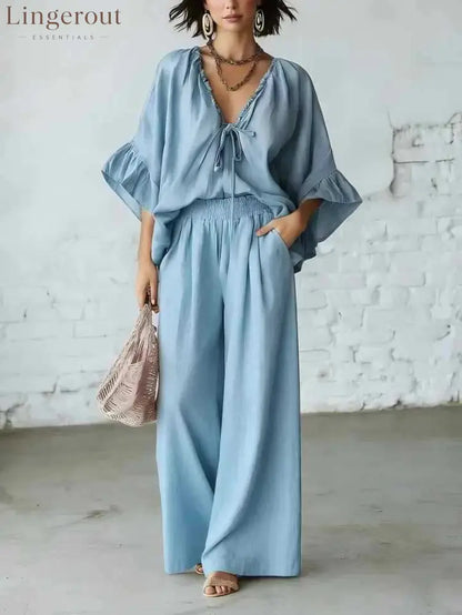 Linen Blend Vacation Two Piece Matching Set - Sky blue / S