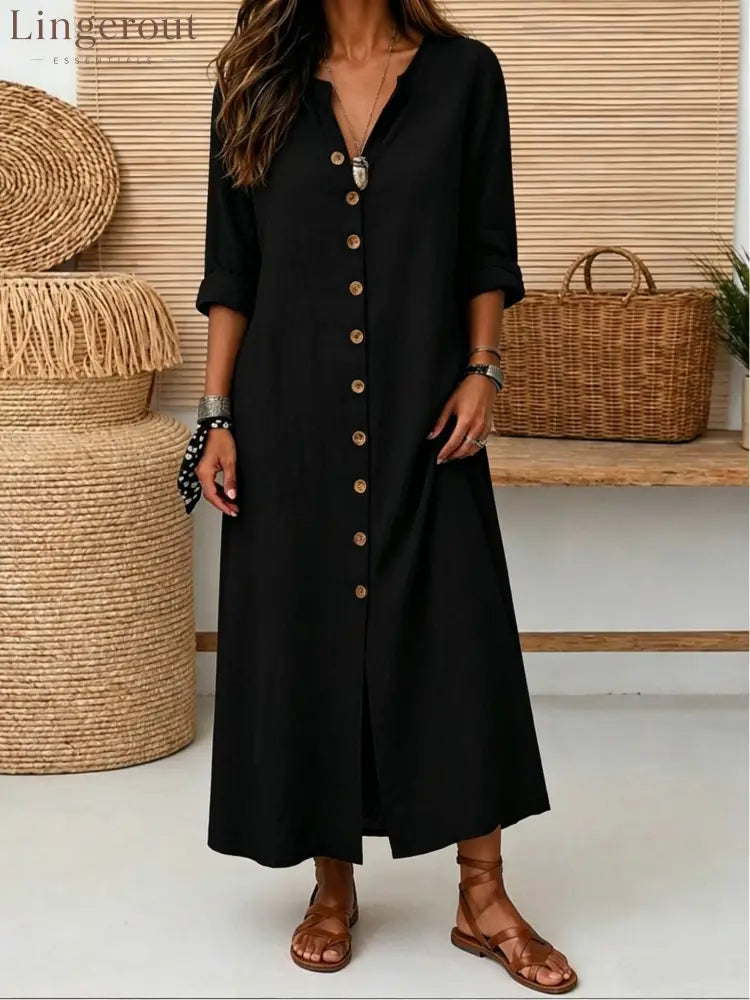 Linen Button-Down Maxi Dress - Black / S