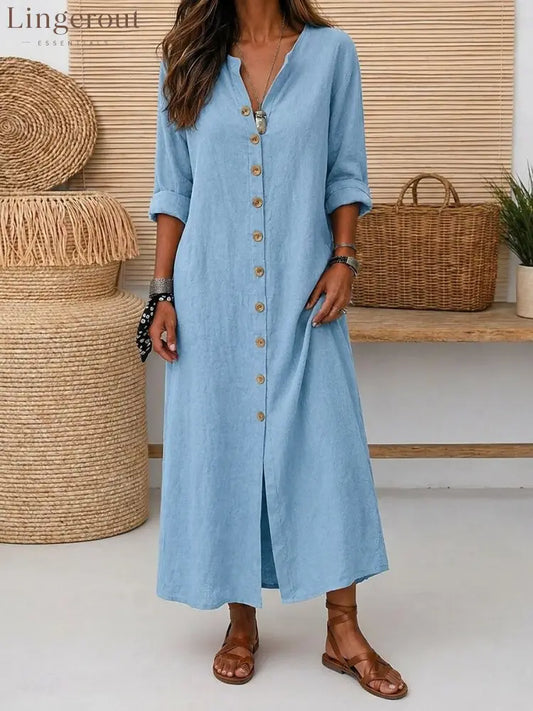 Linen Button-Down Maxi Dress - Sky blue / S