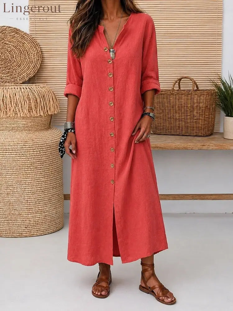 Linen Button-Down Maxi Dress - Watermelon red / S