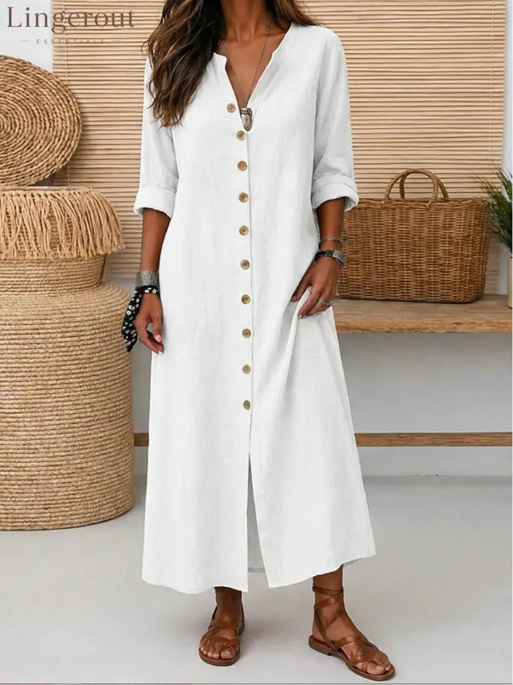 Linen Button-Down Maxi Dress - White / S