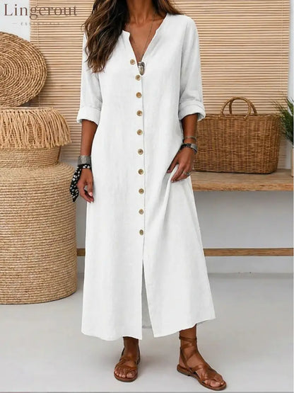 Linen Button-Down Maxi Dress - White / S