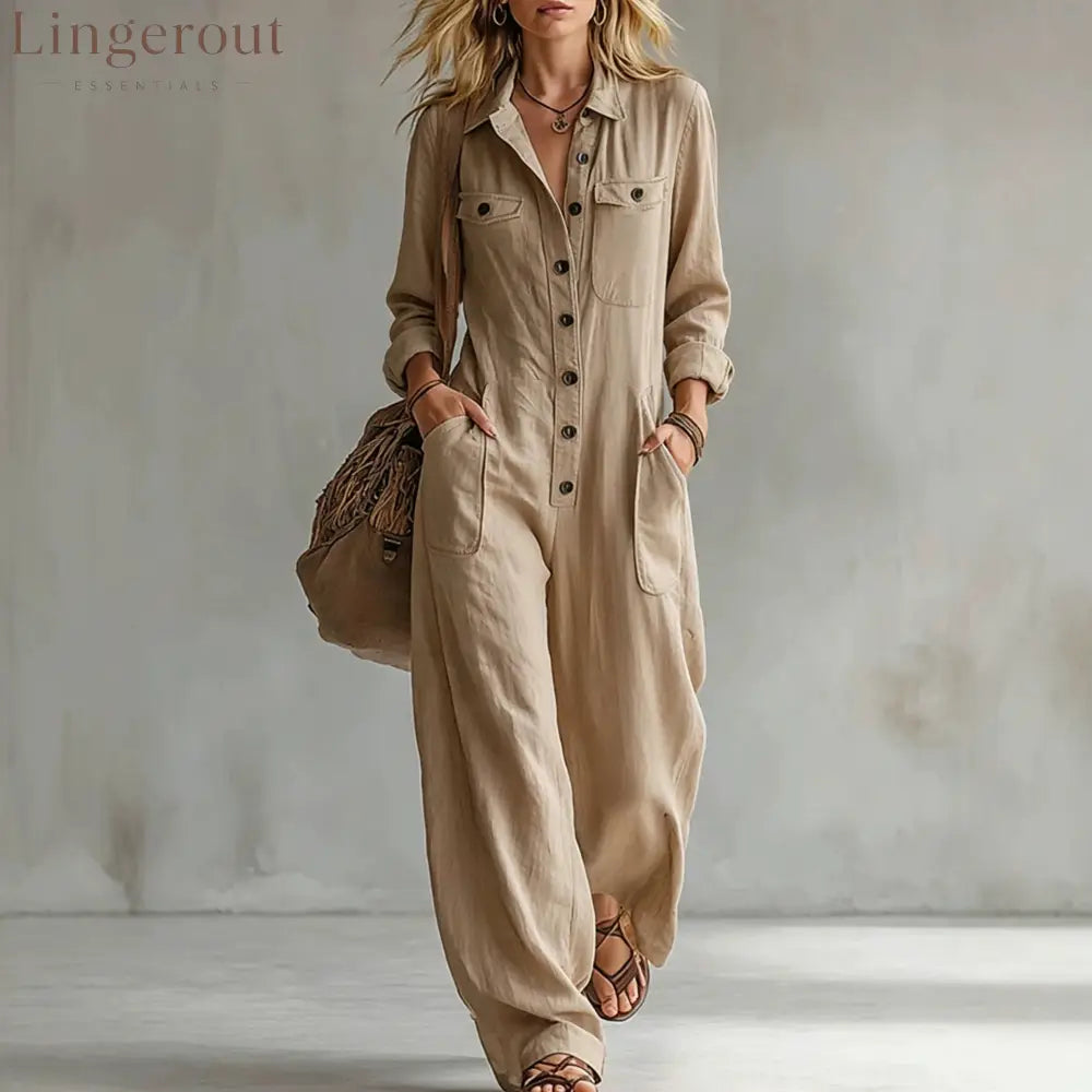 2026 Cross-Border Women’S Workwear Linen Jumpsuit Lapel Long-Sleeved Wide-Leg Jumpsuit Loose Vacation Overalls
