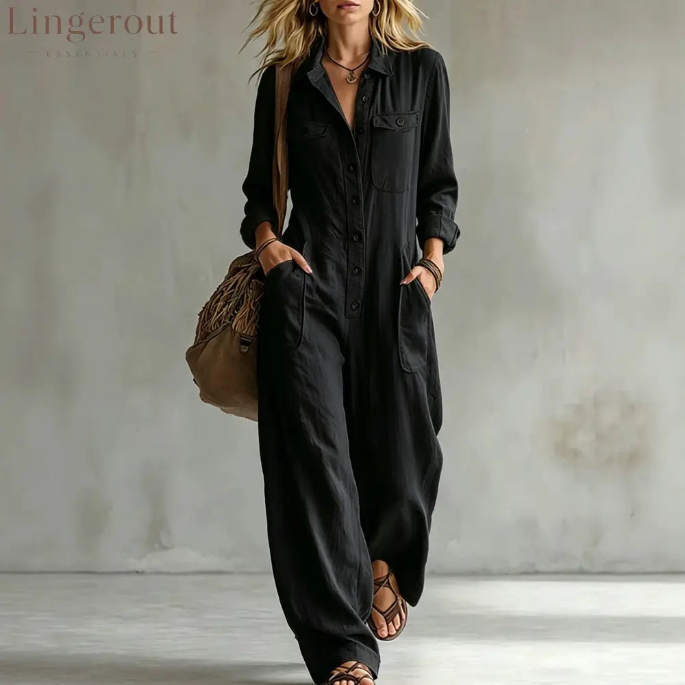 2026 Cross-Border Women’S Workwear Linen Jumpsuit Lapel Long-Sleeved Wide-Leg Jumpsuit Loose Vacation Overalls