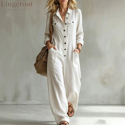 2026 Cross-Border Women’S Workwear Linen Jumpsuit Lapel Long-Sleeved Wide-Leg Jumpsuit Loose Vacation Overalls