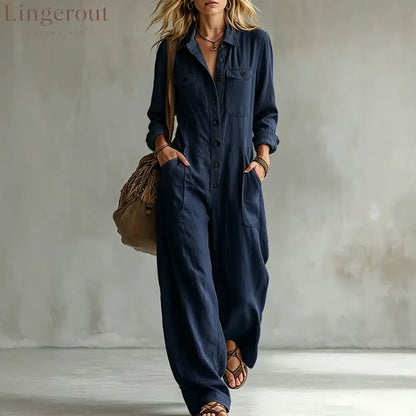2026 Cross-Border Women’S Workwear Linen Jumpsuit Lapel Long-Sleeved Wide-Leg Jumpsuit Loose Vacation Overalls