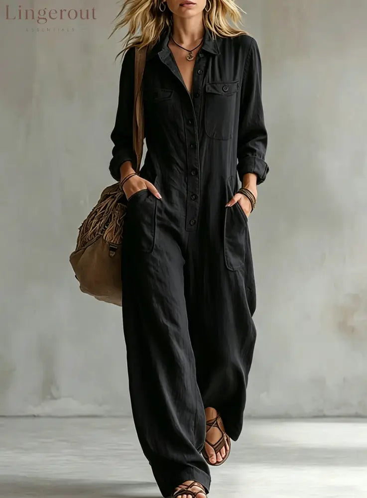 2026 Cross-Border Women’S Workwear Linen Jumpsuit Lapel Long-Sleeved Wide-Leg Jumpsuit Loose Vacation Overalls - Black