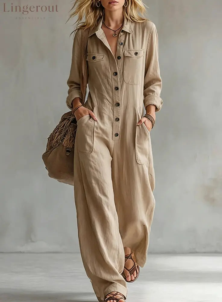 2026 Cross-Border Women’S Workwear Linen Jumpsuit Lapel Long-Sleeved Wide-Leg Jumpsuit Loose Vacation Overalls - Khaki