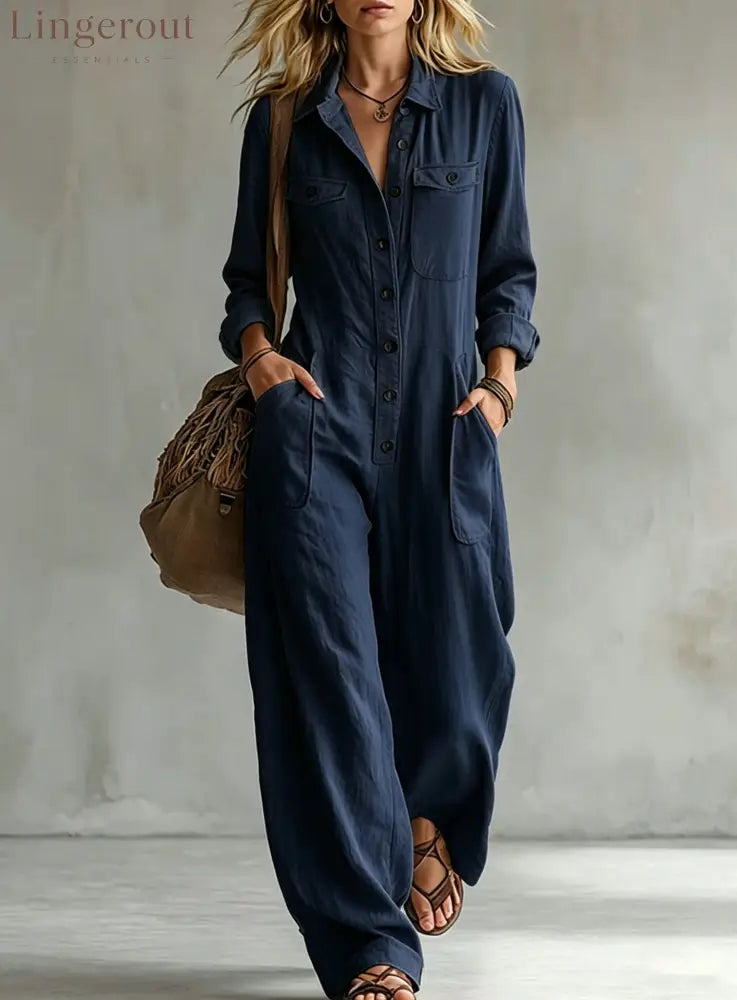 2026 Cross-Border Women’S Workwear Linen Jumpsuit Lapel Long-Sleeved Wide-Leg Jumpsuit Loose Vacation Overalls - Navy
