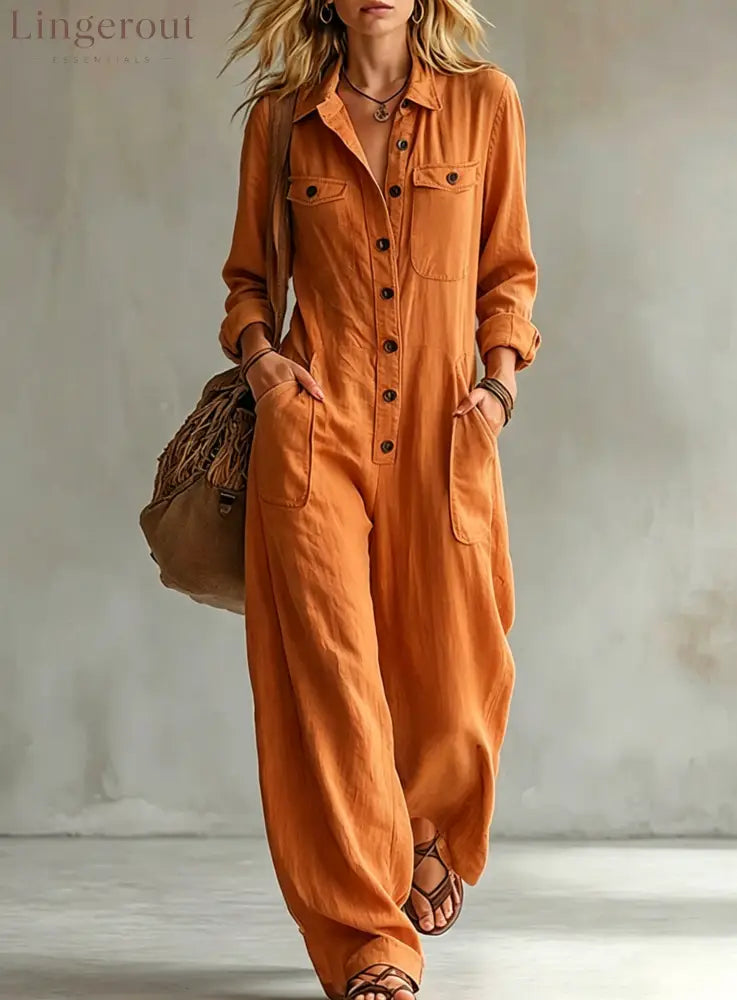2026 Cross-Border Women’S Workwear Linen Jumpsuit Lapel Long-Sleeved Wide-Leg Jumpsuit Loose Vacation Overalls - Orange
