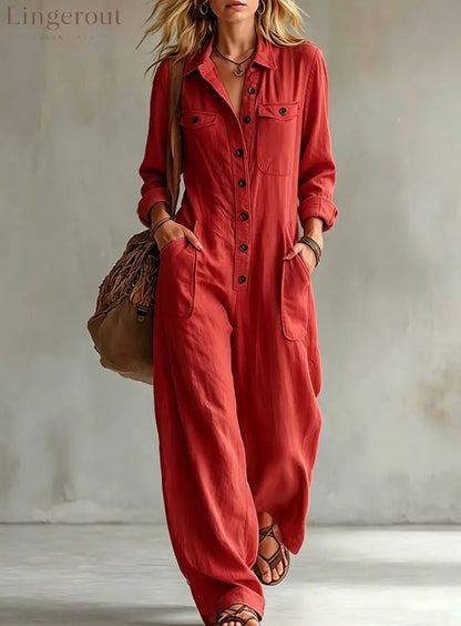 2026 Cross-Border Women’S Workwear Linen Jumpsuit Lapel Long-Sleeved Wide-Leg Jumpsuit Loose Vacation Overalls