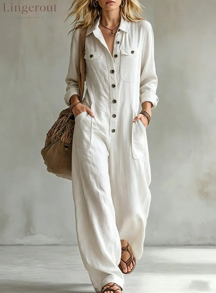 2026 Cross-Border Women’S Workwear Linen Jumpsuit Lapel Long-Sleeved Wide-Leg Jumpsuit Loose Vacation Overalls - White