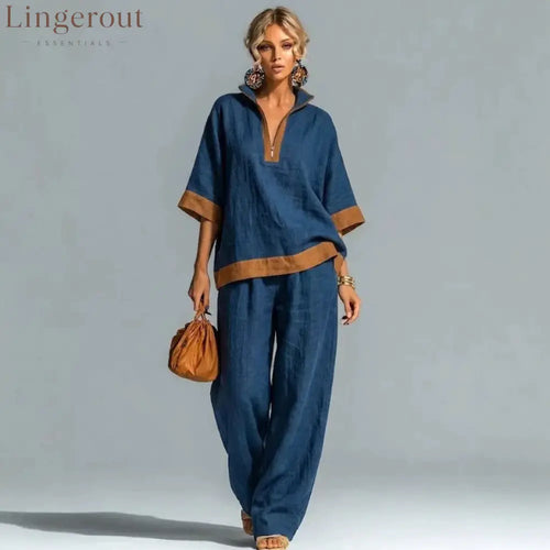 Linen Contrast Brown Trim Half Zip Collar Loose Two Piece Wide Leg Pant Set