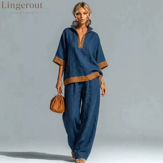 Linen Contrast Brown Trim Half Zip Collar Loose Two Piece Wide Leg Pant Set