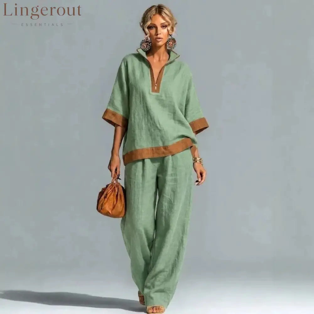 Linen Contrast Brown Trim Half Zip Collar Loose Two Piece Wide Leg Pant Set