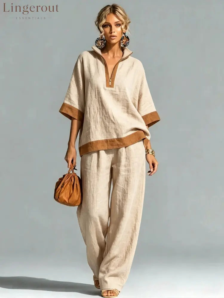 Linen Contrast Brown Trim Half Zip Collar Loose Two Piece Wide Leg Pant Set - Apricot / S