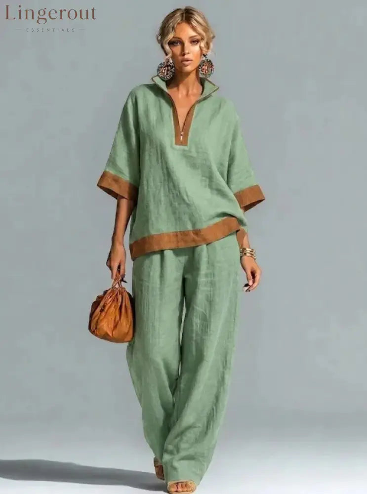 Linen Contrast Brown Trim Half Zip Collar Loose Two Piece Wide Leg Pant Set - Light green / S