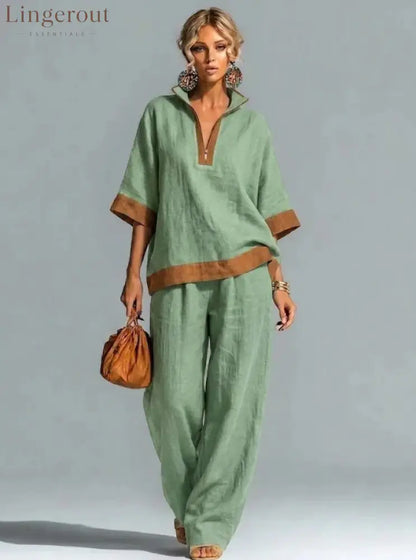 Linen Contrast Brown Trim Half Zip Collar Loose Two Piece Wide Leg Pant Set - Light green / S