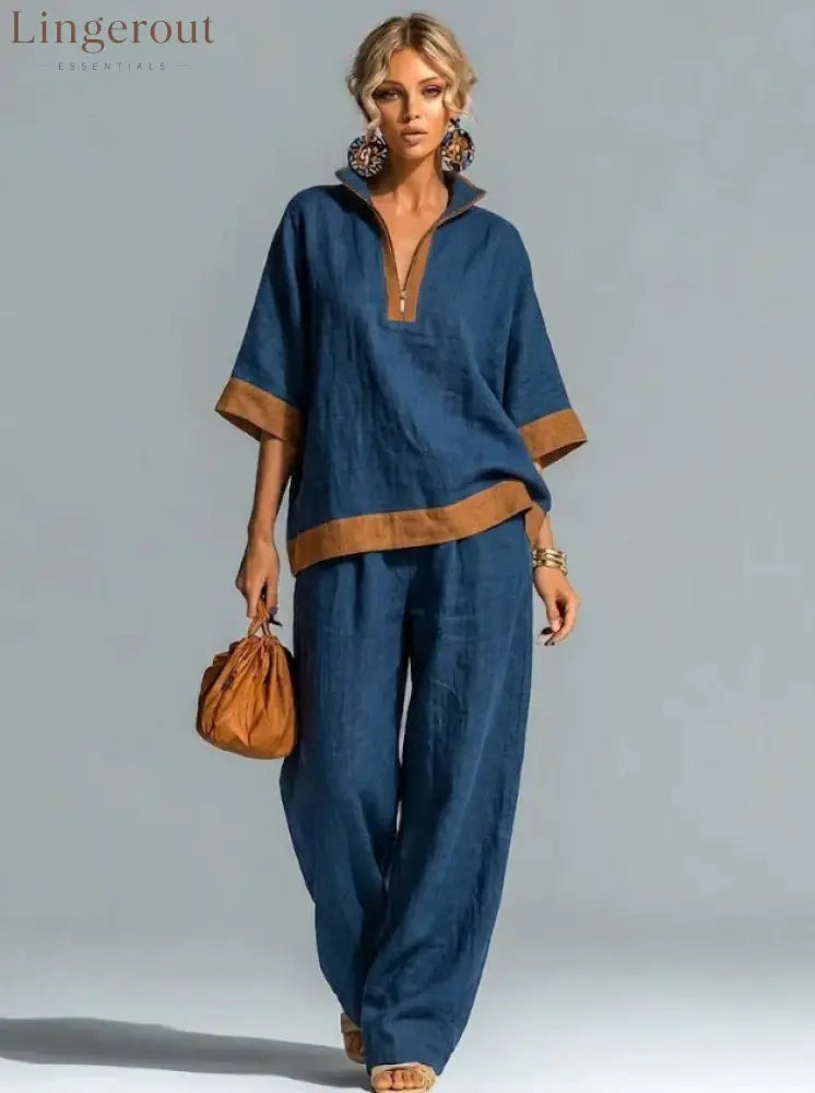 Linen Contrast Brown Trim Half Zip Collar Loose Two Piece Wide Leg Pant Set - Navy blue / S