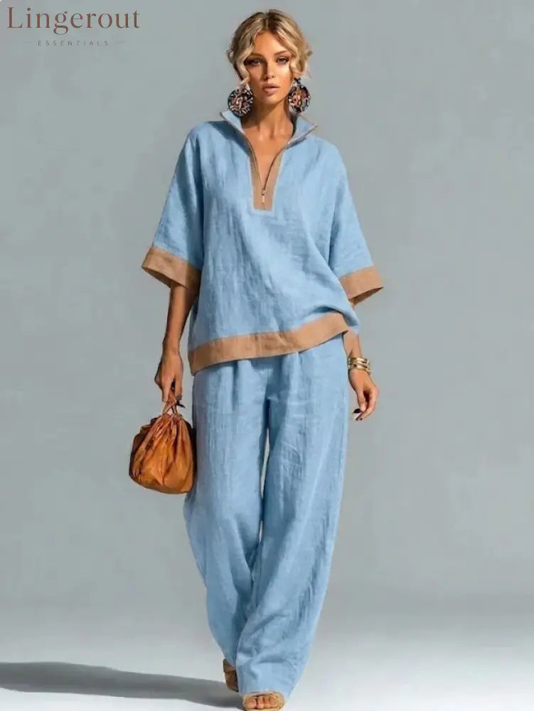 Linen Contrast Brown Trim Half Zip Collar Loose Two Piece Wide Leg Pant Set - Sky blue / S