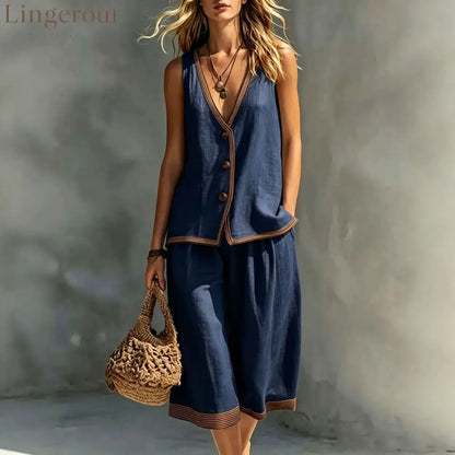 Linen Contrast‑Trim Vest & Culottes Two‑Piece Set