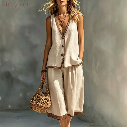 Linen Contrast‑Trim Vest & Culottes Two‑Piece Set