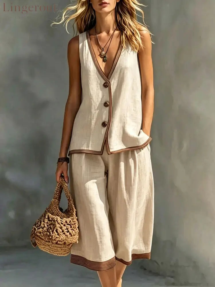 Linen Contrast‑Trim Vest & Culottes Two‑Piece Set - Apricot / XS