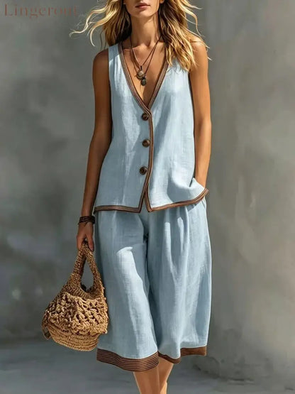Linen Contrast‑Trim Vest & Culottes Two‑Piece Set - Light blue / XS