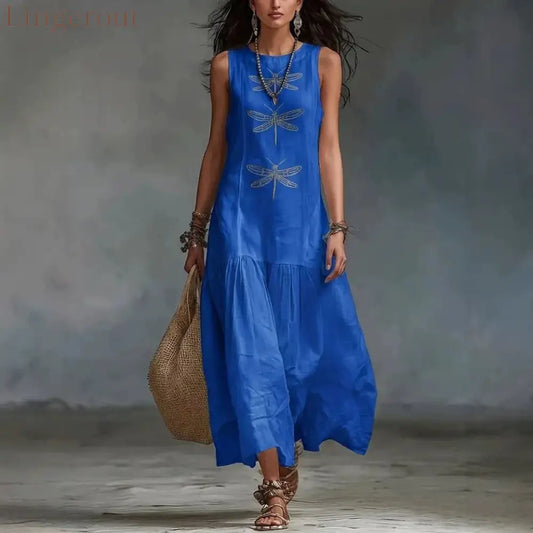 Linen Dragonfly Embroidery Sleeveless Tiered Maxi Dress
