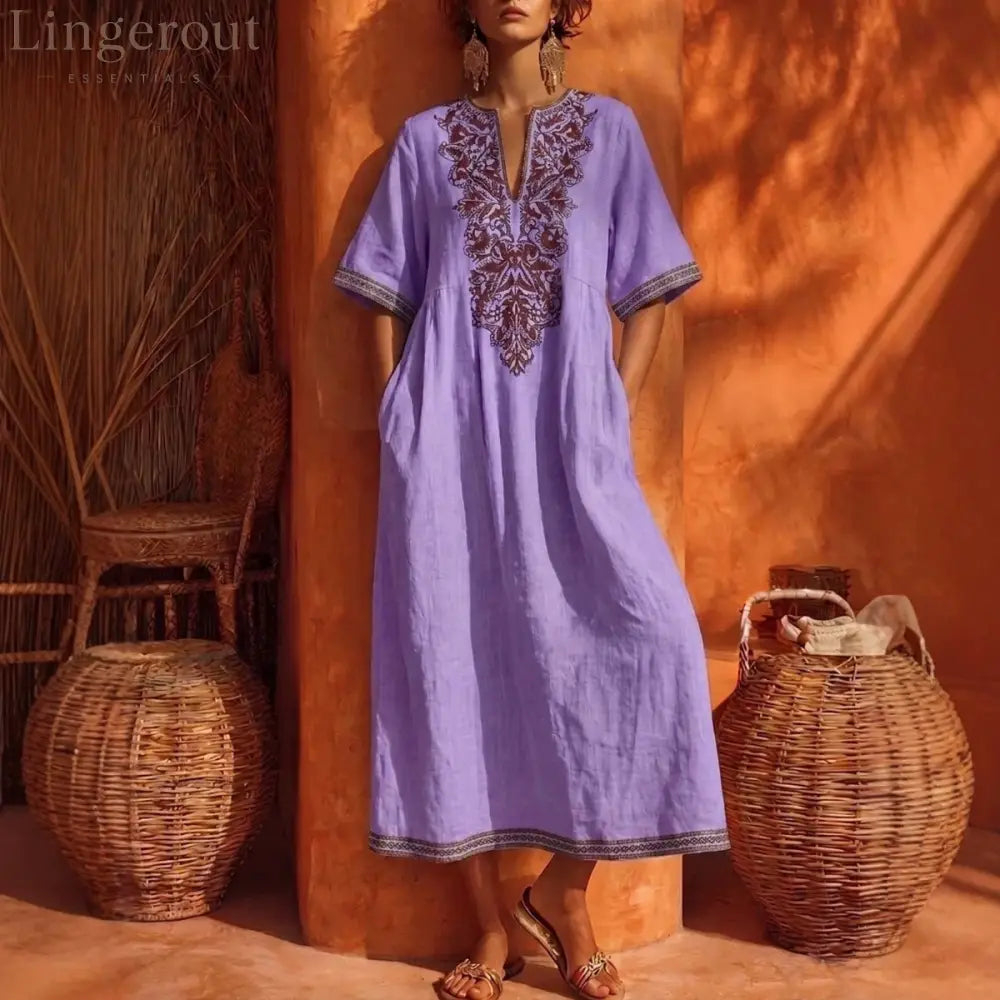 Linen Floral Embroidery V Neck Short Sleeve Midi Kaftan Dress