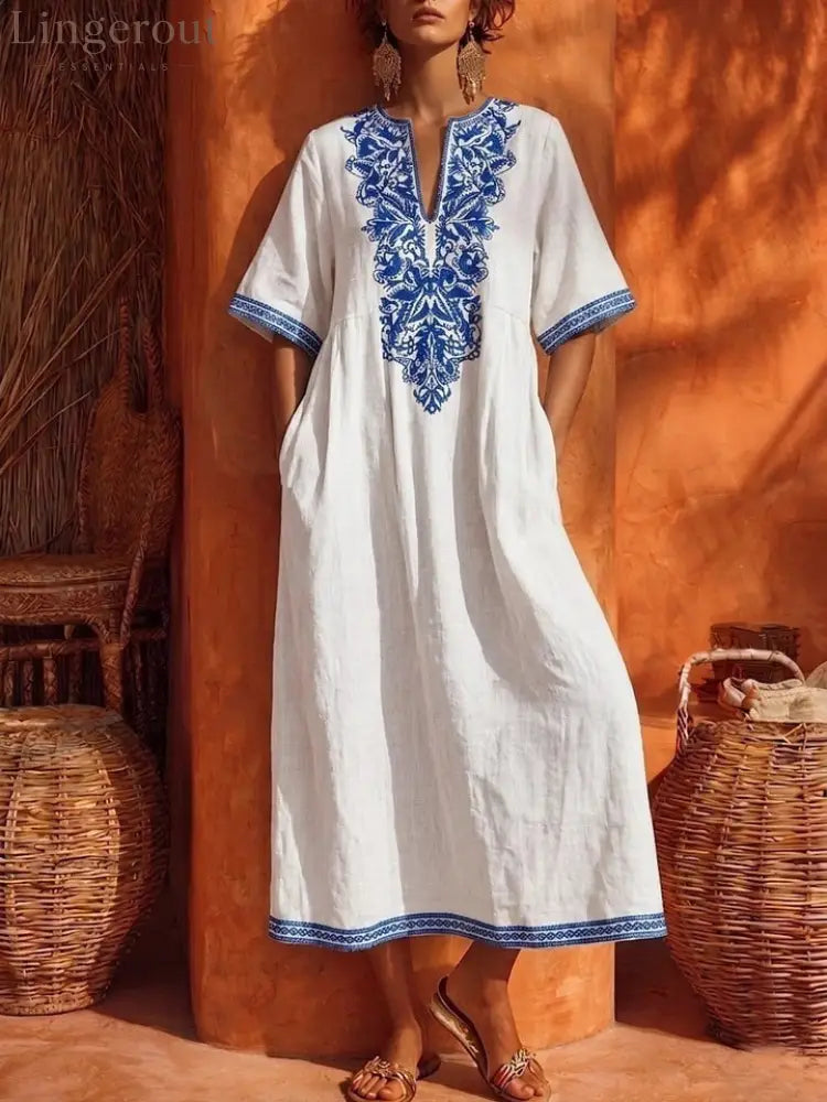 Linen Floral Embroidery V Neck Short Sleeve Midi Kaftan Dress - White / S