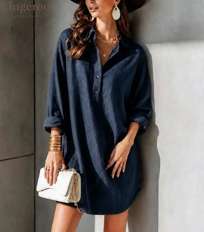 Linen Half Placket Oversized Roll Cuff Shirt Mini Dress - Navy blue / S