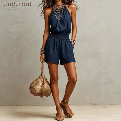 Linen Halter Smocked High Waist Short Jumpsuit