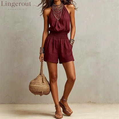 Linen Halter Smocked High Waist Short Jumpsuit